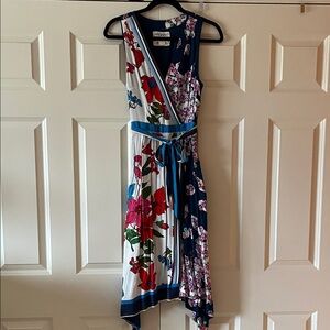 Anthropologie Navy, White & Red Floral Asymmetrical Wrap Dress